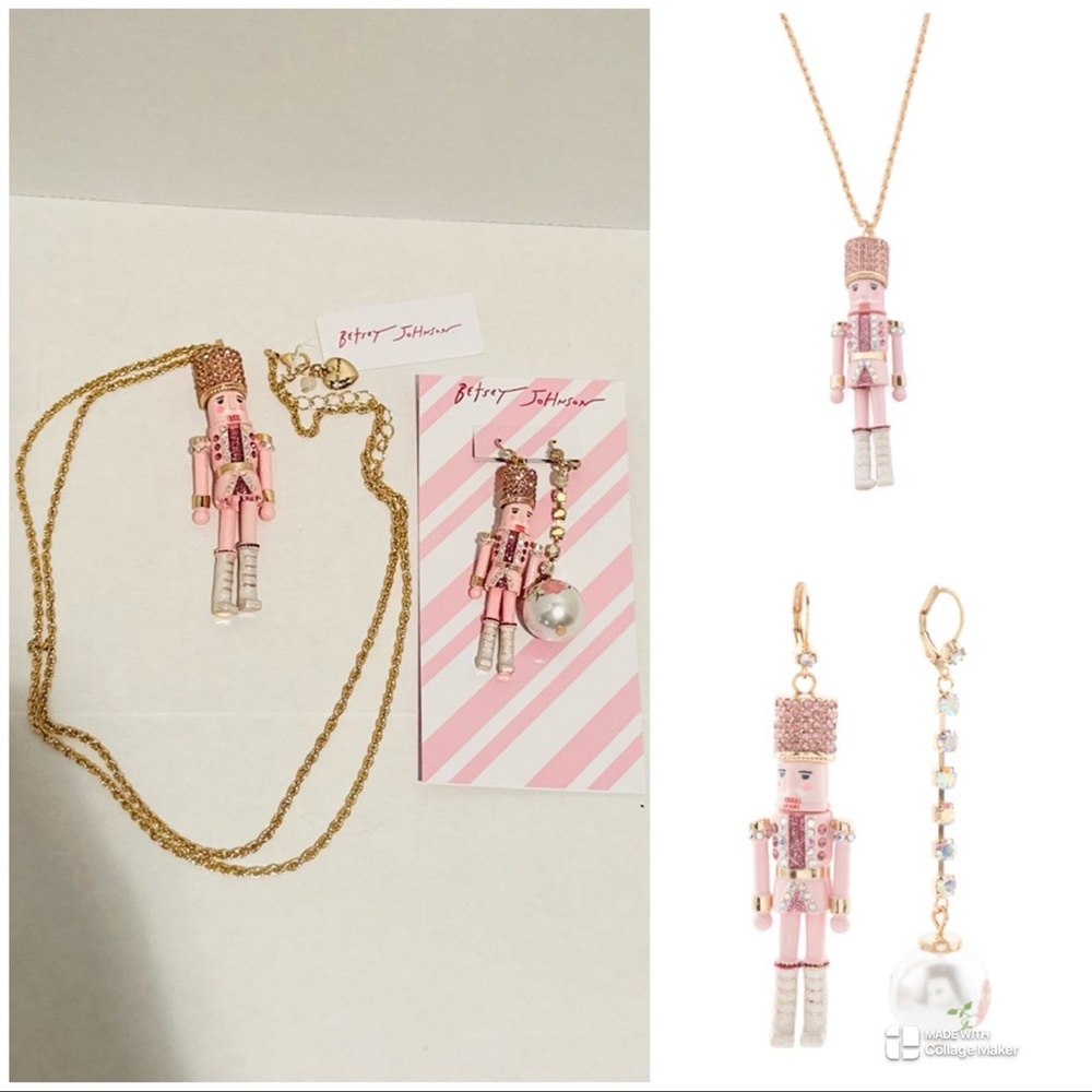 Betsey Johnson NWT Pink Nutcracker Long Pendant Necklace & Mismatch Earrings